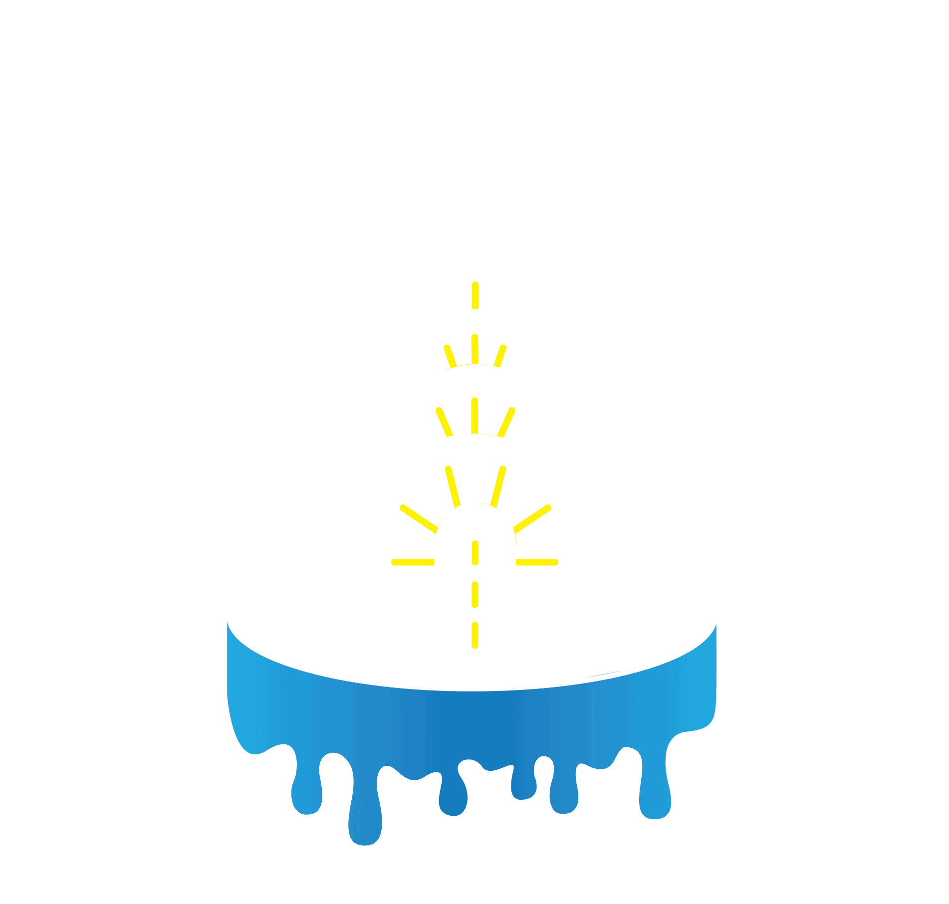Illustration of a stylized white and yellow skyscraper with an antenna on top, emerging from a blue circle with dripping edges, set against a black background—an artistic nod to the vibrant touch painting contractors NYC bring to urban landscapes.